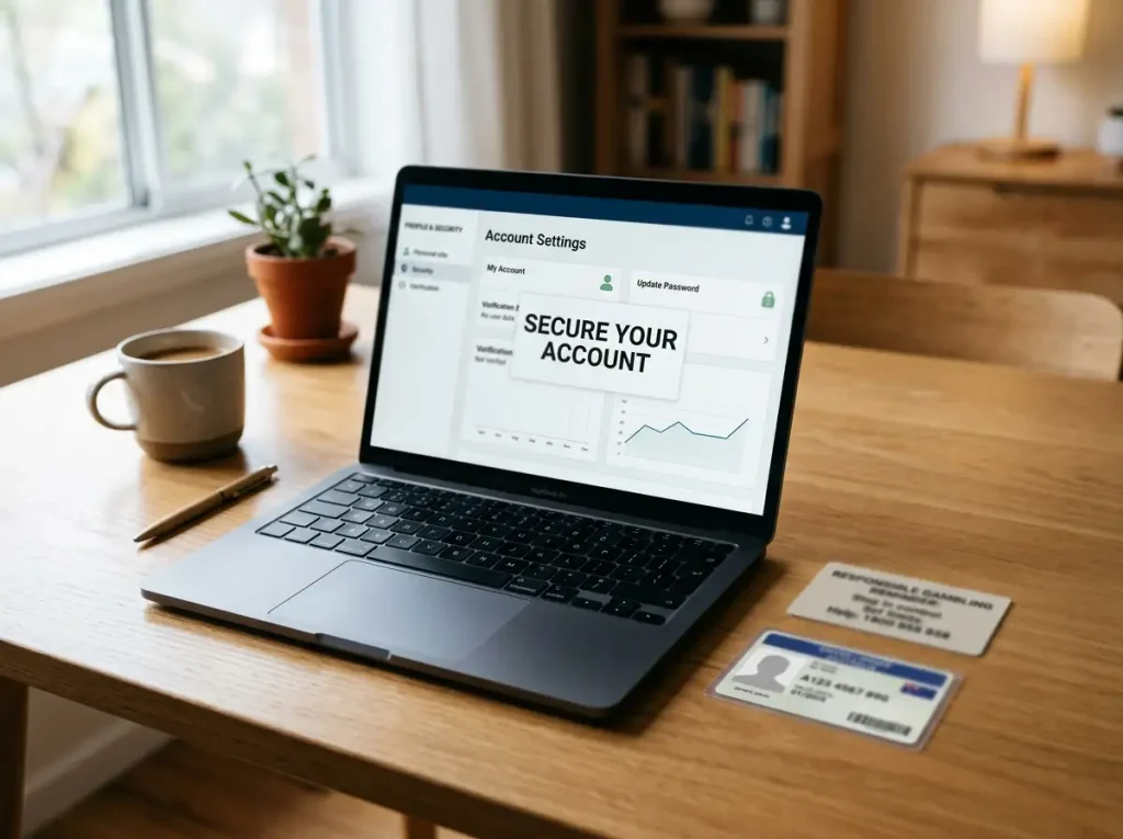 Laptop account dashboard beside identification card and responsible-gambling reminder card