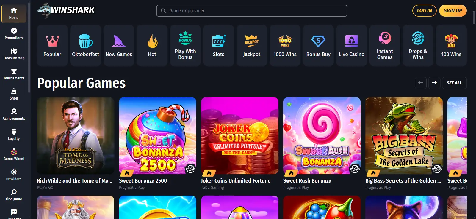 Winshark homepage displayed in a desktop browser window