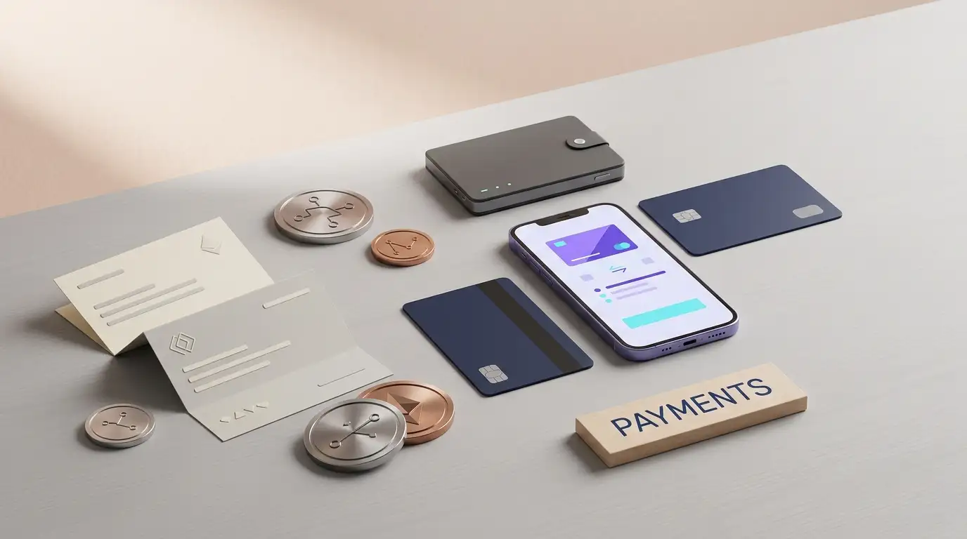 Phone, bank card, digital wallet and abstract cryptocurrency tokens arranged on a desk