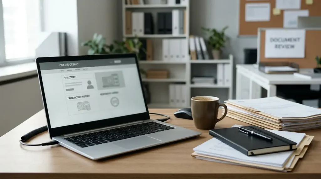 Australian legal documents beside a laptop showing a generic casino account screen