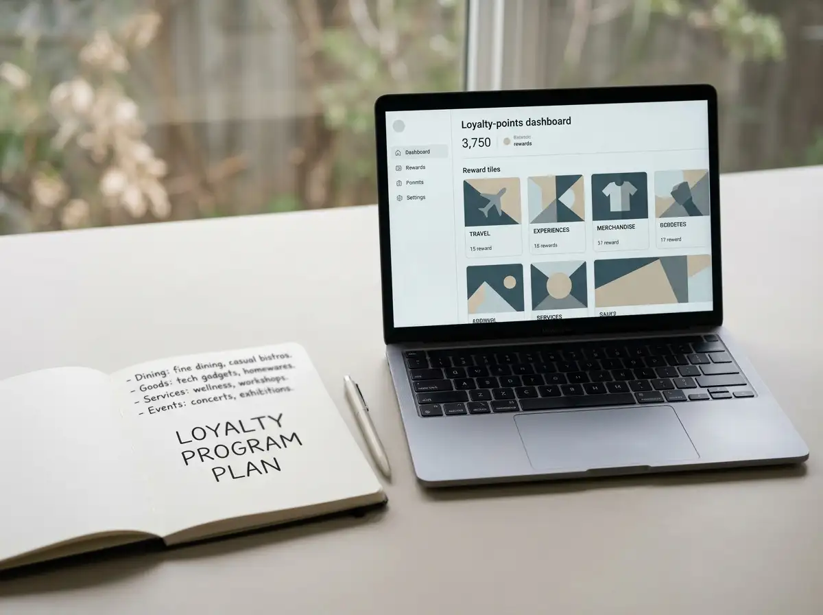 Digital loyalty points dashboard beside a notebook with reward categories and account notes