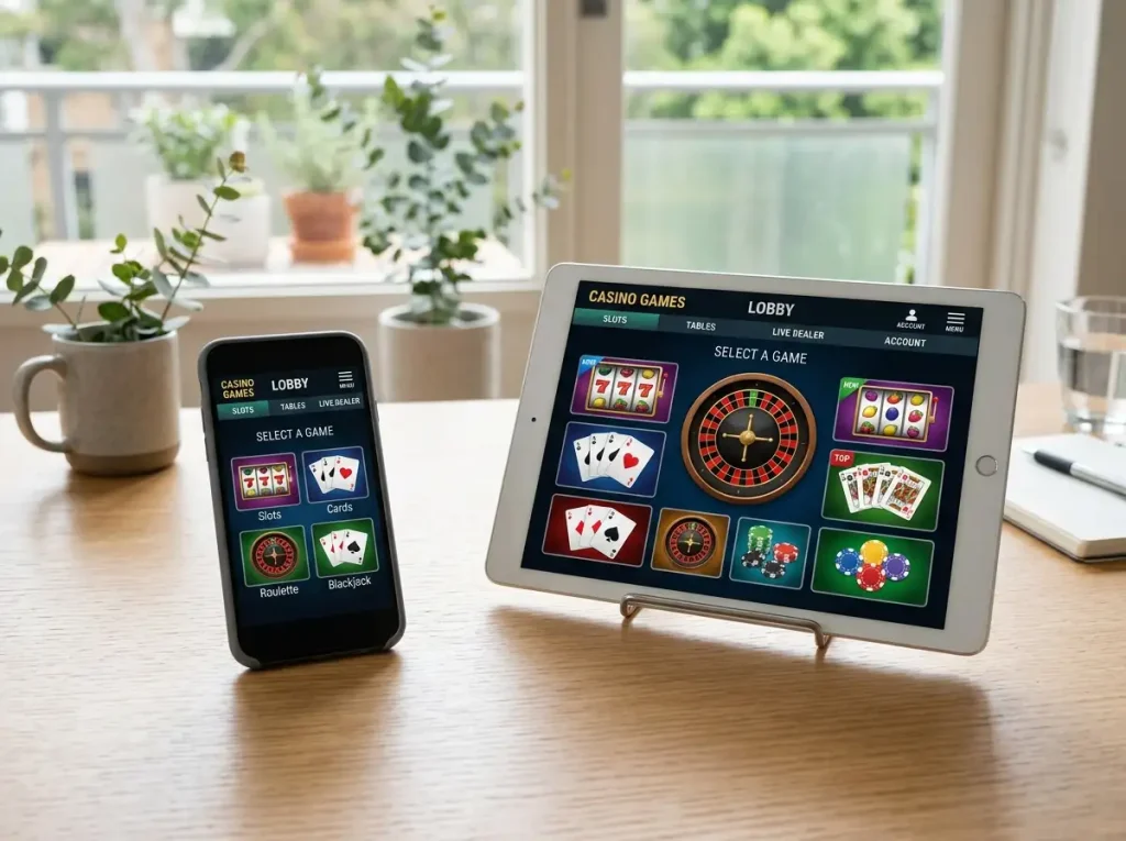 Smartphone and tablet displaying casino-style game menus on a clean desk