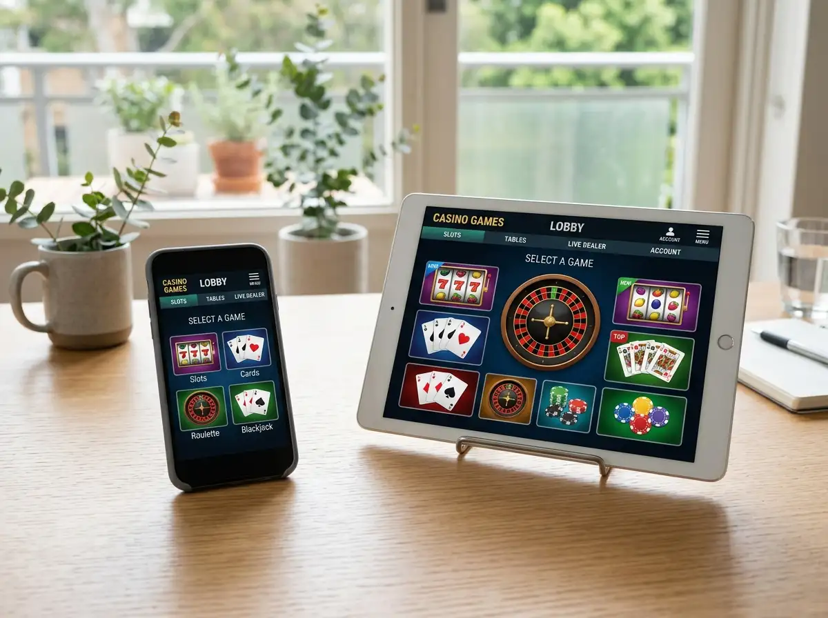 Smartphone and tablet displaying casino-style game menus on a clean desk