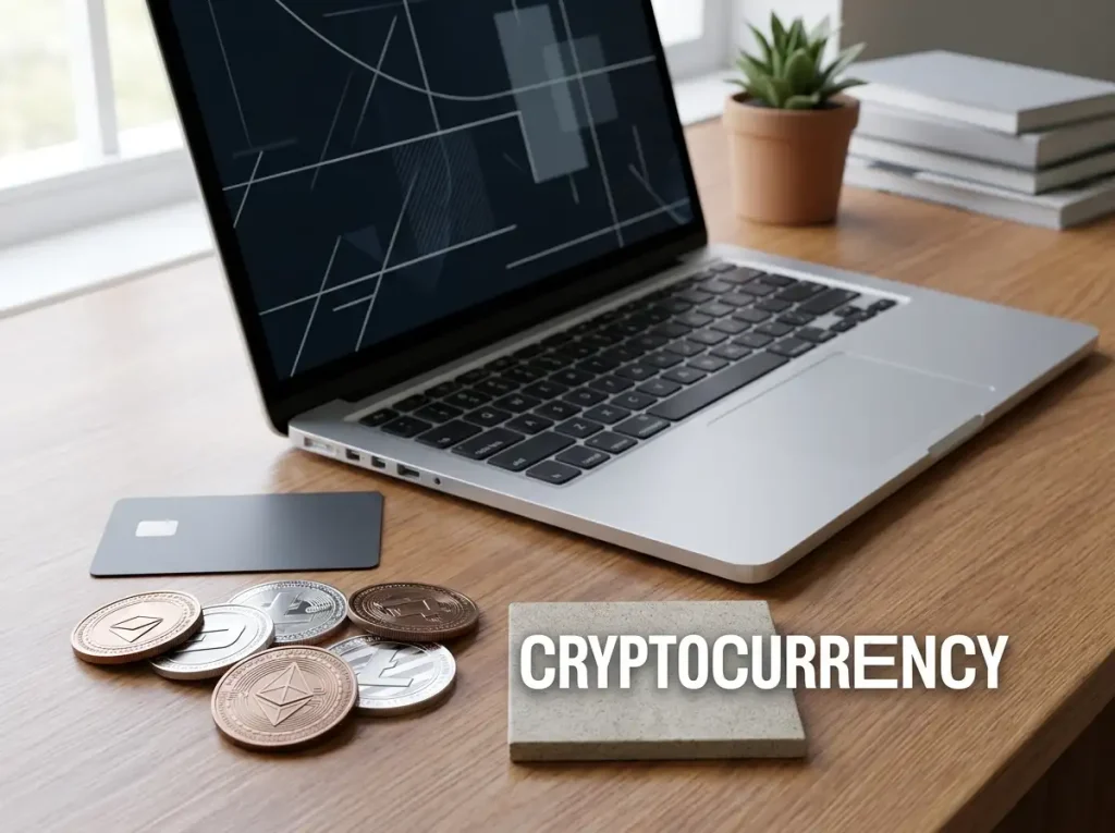 Bank card, digital wallet icons and abstract cryptocurrency tokens beside a laptop
